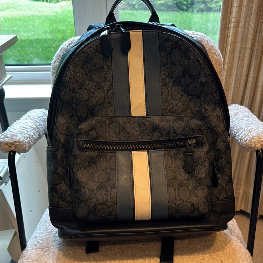 Coach Leather Logo Black & Gray Backpack with Blue and White Stripes.